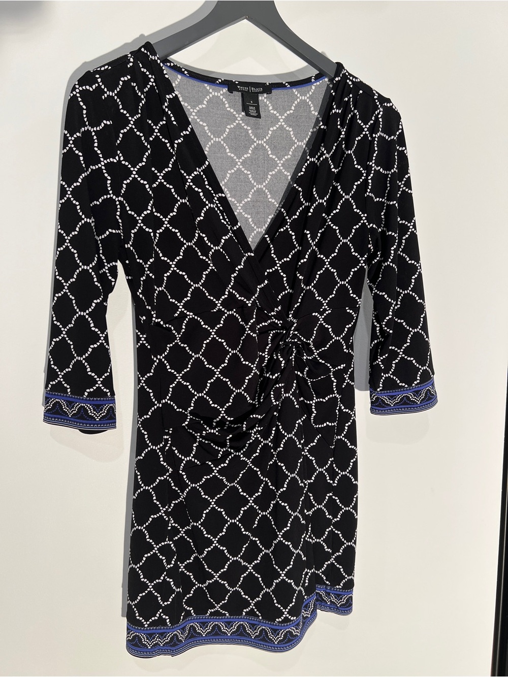 White House Black Market Black & White Printed Faux Wrap Dress with Blue Trim